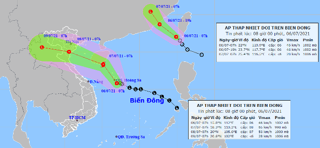 Họa đồ vị trí và hướng di chuyển của áp thấp nhiệt đới. (Nguồn: Trung tâm Dự báo Khí tượng thủy văn Quốc gia)