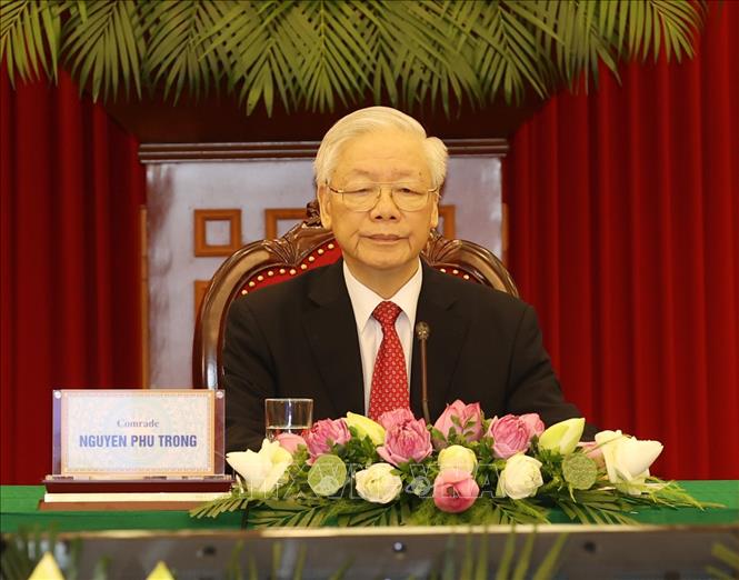 Tổng Bí thư Nguyễn Phú Trọng phát biểu tại Hội nghị thượng đỉnh giữa Đảng Cộng sản Trung Quốc với các chính đảng trên thế giới. Ảnh: Trí Dũng/TTXVN