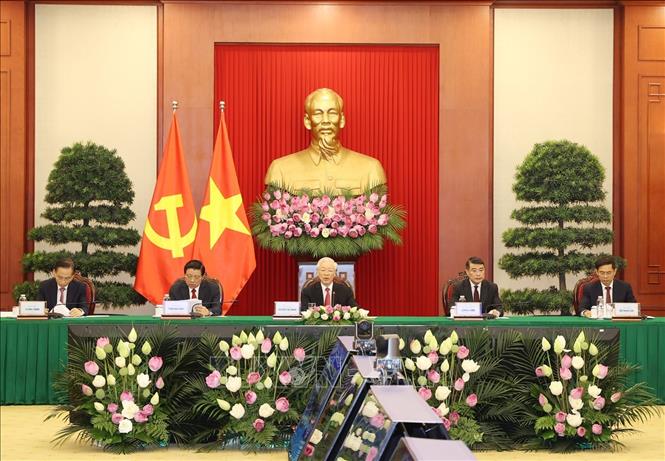 Tổng Bí thư Nguyễn Phú Trọng phát biểu tại Hội nghị thượng đỉnh giữa Đảng Cộng sản Trung Quốc với các chính đảng trên thế giới. Ảnh: Trí Dũng/TTXVN