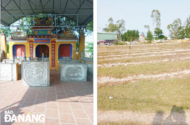 Miếu Âm linh (ảnh trái) và dấu tích khu Nghĩa trủng tại làng Hà Lam (nay là thị trấn Hà Lam).Ảnh: HỒ XUÂN PHÚC