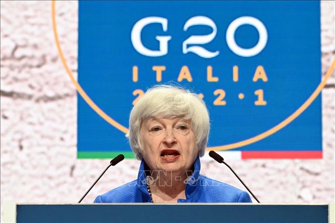 Bộ trưởng Tài chính Mỹ Janet Yellen phát biểu trong cuộc họp báo sau Hội nghị Bộ trưởng Tài chính G20 tại Venice, Italy, ngày 11-7-2021. Ảnh: AFP-TTXVN