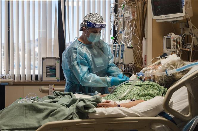 Nhân viên y tế điều trị cho bệnh nhân COVID-19 tại trung tâm y tế ở California, Mỹ. Ảnh: AFP/ TTXVN