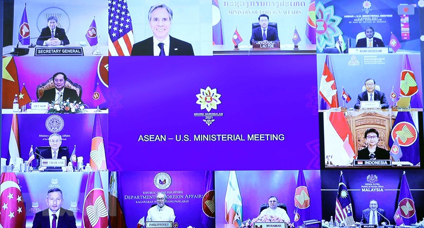 Bộ trưởng Ngoại giao các nước tham dự Hội nghị Bộ trưởng Ngoại giao ASEAN - Mỹ theo hình thức trực tuyến. 						    Ảnh: TTXVN