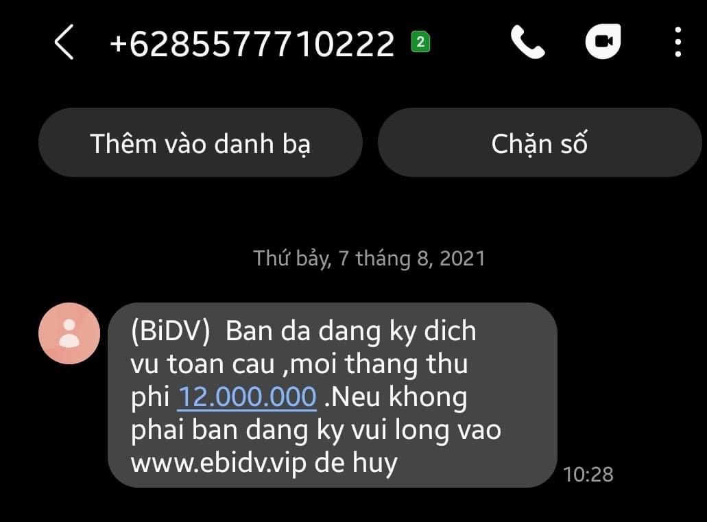 Tin nhắn giả mạo, tuyệt đối không click đường link này. Ảnh: bidv.com.vn