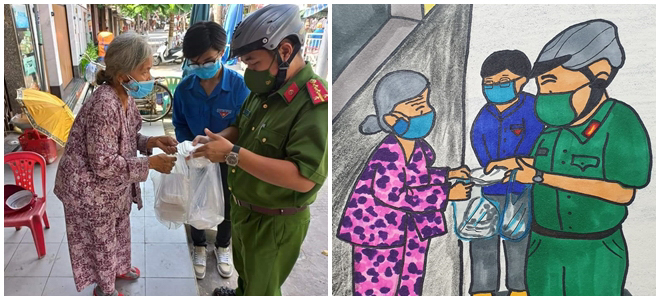 A painting of Captain Nguyen Quy Linh, Deputy Chief of Police in Hoa Thuan Dong Ward, Hai Chau District, presenting gifts to an old and childless woman.