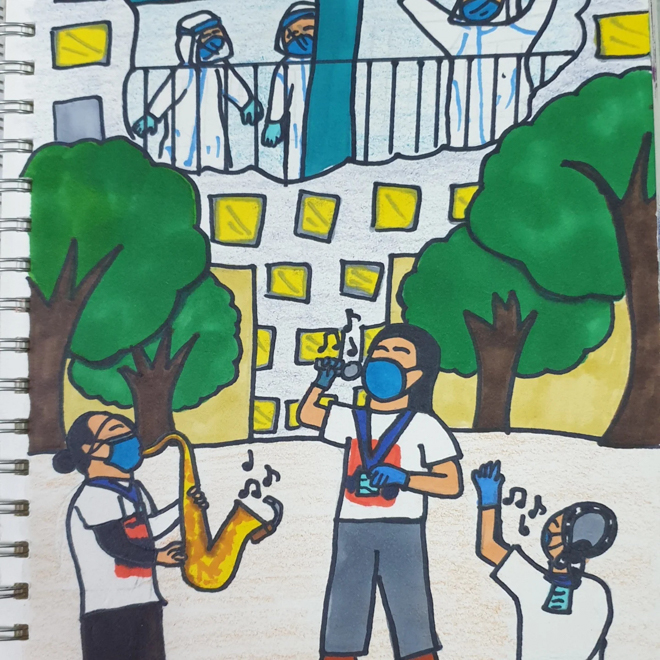 A painting of artists performing at a field hospital in Ho Chi Minh City 