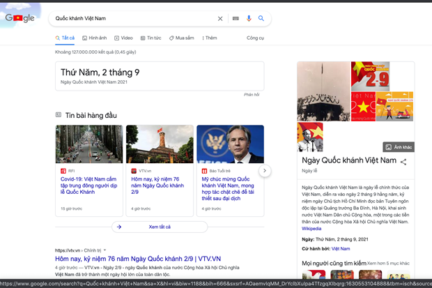 Khi click vào biểu tượng, Google sẽ dẫn người dùng tới những nội dung giải thích sự ra đời của ngày Quốc khánh Việt Nam. (Ảnh chụp màn hình)