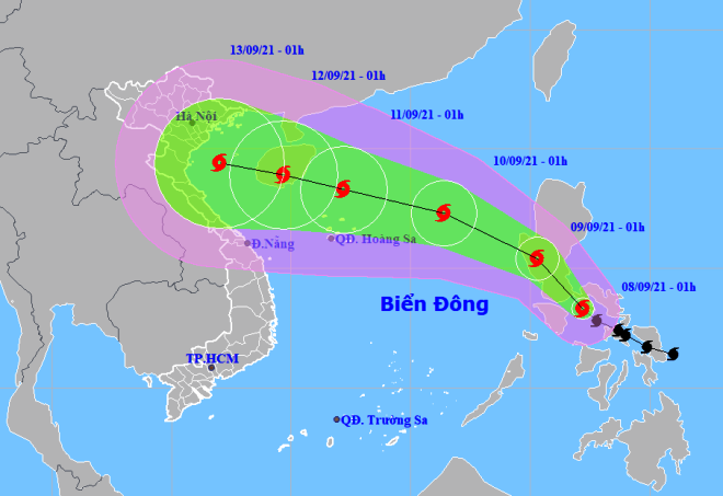 Họa đồ vị trí và hướng di chuyển của bão Côn Sơn (Nguồn: Trung tâm Dự báo Khí tượng thủy văn Quốc gia).