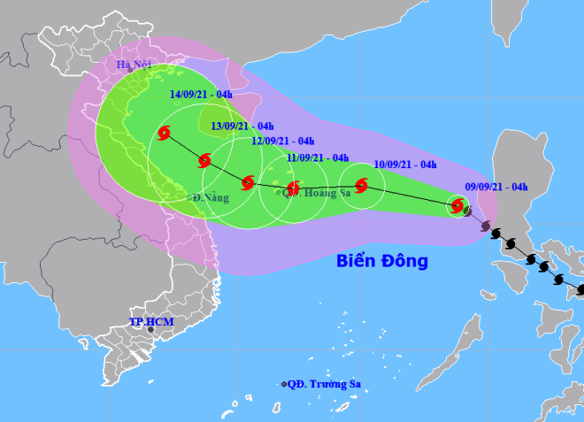 Họa đồ vị trí và hướng di chuyển của bão Côn Sơn. (Nguồn: Trung tâm Dự báo Khí tượng thủy văn Quốc gia).