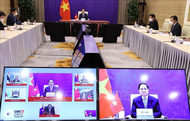 Quan cảnh Hội nghị Thượng đỉnh hợp tác tiểu vùng Mê Công mở rộng (GMS) lần thứ 7 tại điểm cầu Hà Nội. Ảnh: Dương Giang/TTXVN