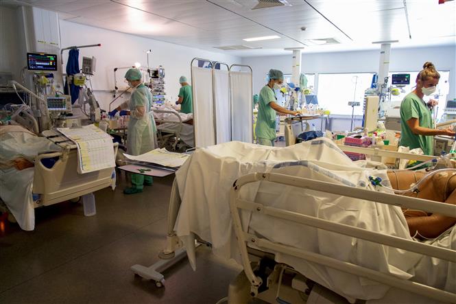 Nhân viên y tế chăm sóc các bệnh nhân nhiễm COVID-19 tại bệnh viện Polynesie, Pháp. Ảnh: AFP/TTXVN