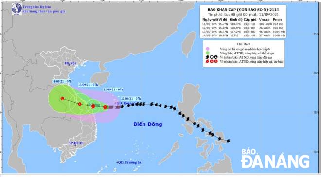 Hình ảnh đường di chuyển của bão số 5 cập nhật lúc 8 giờ sáng 11-9 từ Trung tâm dự báo khí tượng thủy văn quốc gia.
