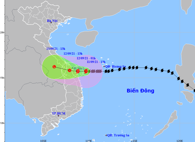 Họa đồ vị trí và hướng di chuyển của bão số Côn Sơn (Nguồn: Trung tâm Dự báo Khí tượng thủy văn Quốc gia)
