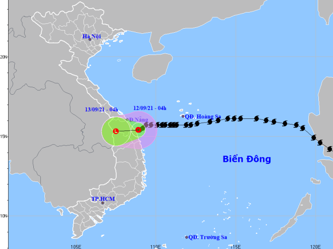 Họa đồ vị trí và hướng di chuyển của áp thấp nhiệt đới suy yếu từ bão Côn Sơn (Nguồn: Trung tâm Dự báo Khí tượng thủy văn Quốc gia)