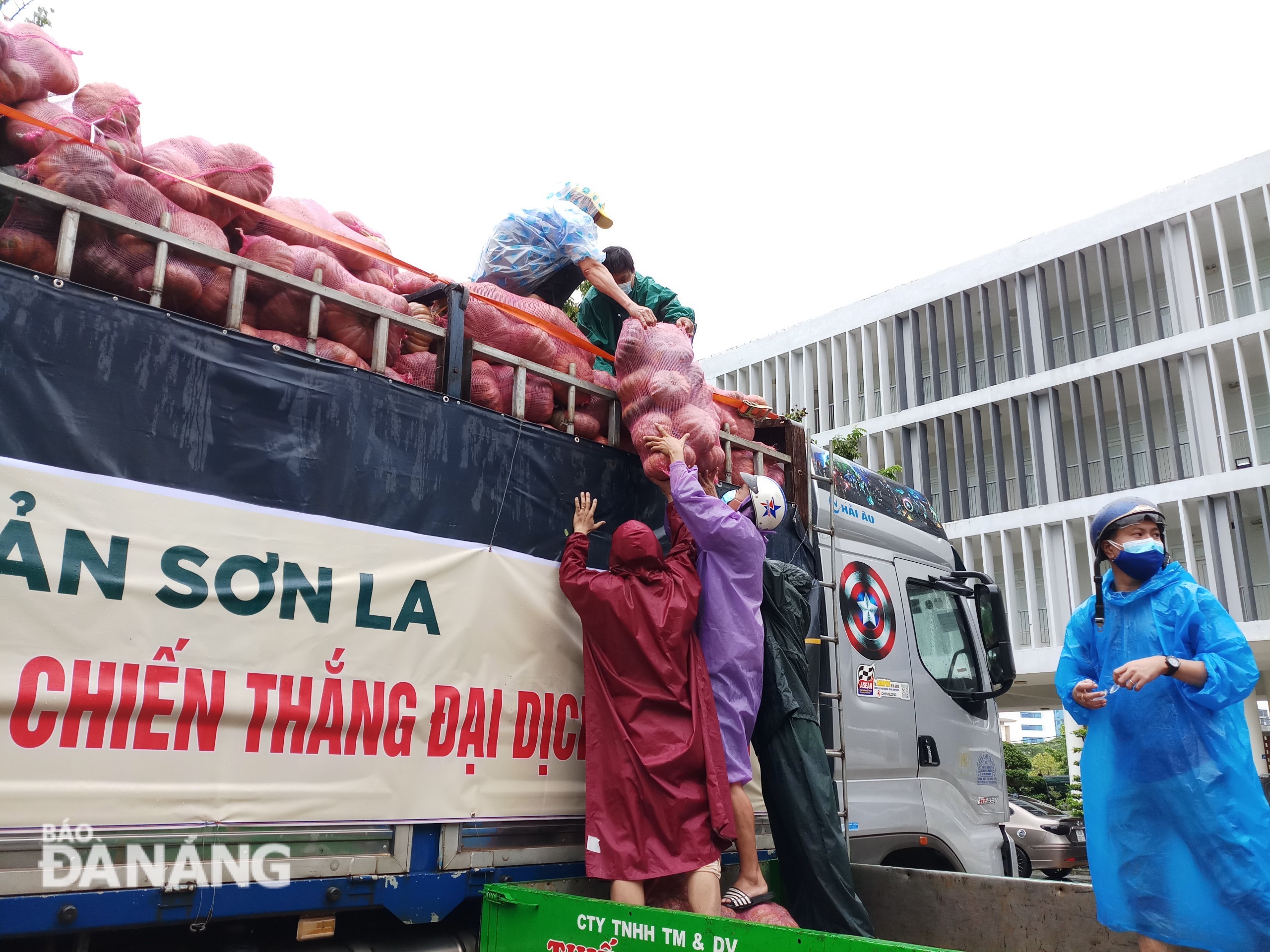 The unloading of agricultural products donated by Son La Province is in progress. Photo courtesy of the Da Nang Association of Viet Nam Fatherland Front Committee 