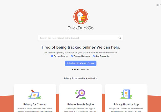 Giao diện công cụ tìm kiếm Duck Duck Go, đối thủ của Google trong thị trường tìm kiếm online, tuy không lớn bằng Google, nhưng thu hút người dùng ở tuyên bố không kèm quảng cáo và không theo dõi dữ liệu cá nhân người dùng. (Ảnh chụp màn hình)	