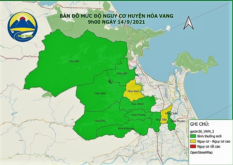 Huyện Hòa Vang hiện còn 2  xã Hòa Sơn (1) và Hòa Châu (2)chưa “vùng xanh”.  (Nguồn: UBND huyện Hòa Vang)