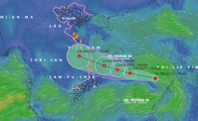 Họa đồ vị trí và hướng di chuyển của vùng áp thấp trên Biển Đông (Nguồn: Hệ thống giám sát thiên tai Việt Nam).