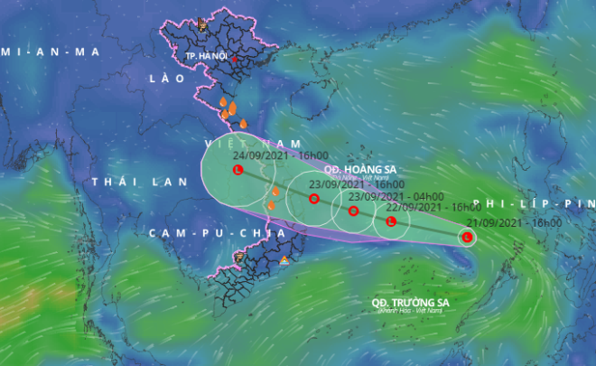 The expected track of the low pressure area recently formed in the East Sea. Photo courtesy of the Viet Nam Disaster Monitoring System