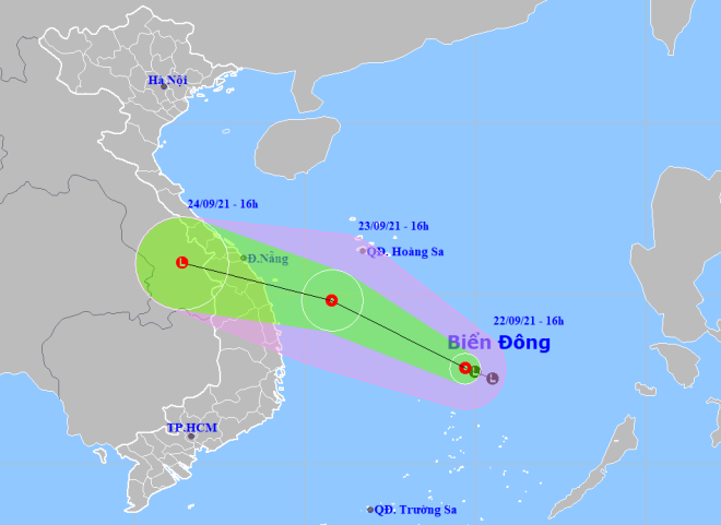 Họa đồ vị trí và hướng di chuyển của áp thấp nhiệt đới. (Nguồn: Trung tâm Dự báo Khí tượng thủy văn Quốc gia)