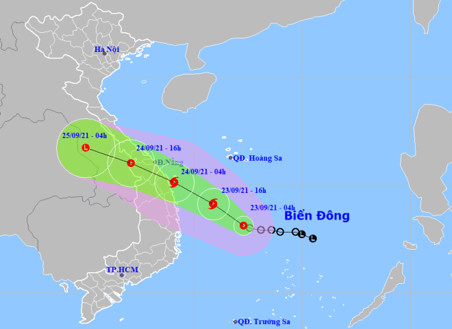 Họa đồ vị trí và hướng di chuyển của áp thấp nhiệt đới có khả năng mạnh lên thành bão. Ảnh: HOÀNG HIỆP