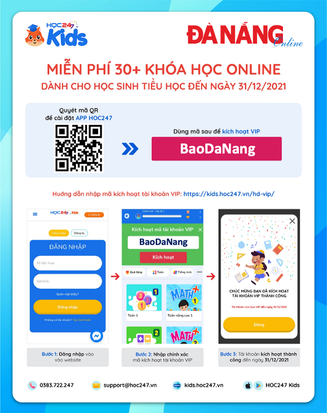 Nhập mã BaoDaNang kích hoạt tài khoản VIP HOC247 Kids.