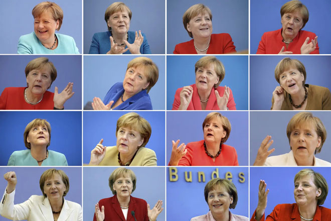 Những khoảnh khắc trong 16 lần xuất hiện tại Trung tâm Báo chí liên bang của bà Angela Merkel qua bức ảnh ghép của nhà báo Thomas Sparrow, đài Deutsche Welle (DW) chia sẻ trên Twitter. (Ảnh chụp lại màn hình)