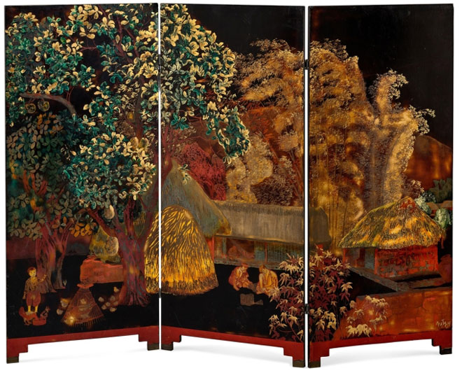 Bức bình phong nhái bức sơn mài Nhà tranh gốc mít của họa sĩ Nguyễn Văn Tỵ đã được Sotheby’s rút khỏi phiên đấu giá. Ảnh: sothebys.com