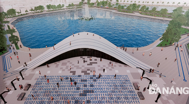 Phương án dự thi thiết kế kiến trúc cảnh quan hồ Thạc Gián- Vĩnh Trung nêu ý tưởng hình thành không gian số gắn liền với phố chợ điện máy theo trục đường Hàm Nghi. Ảnh: TRIỆU TÙNG
