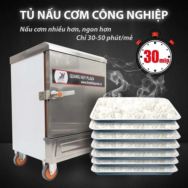 Tủ nấu cơm công nghiệp Quang Huy nấu cơm nhanh, cơm dẻo ngon. 