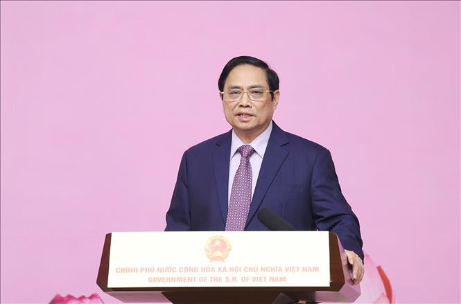 Thủ tướng Phạm Minh Chính phát biểu tại buổi gặp mặt các đại biểu phụ nữ. Ảnh: Dương Giang/TTXVN