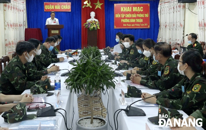 Diễn tập chiến đấu phòng thủ phường Bình Thuận tháng 7-2021. Ảnh: CÁT TƯỜNG