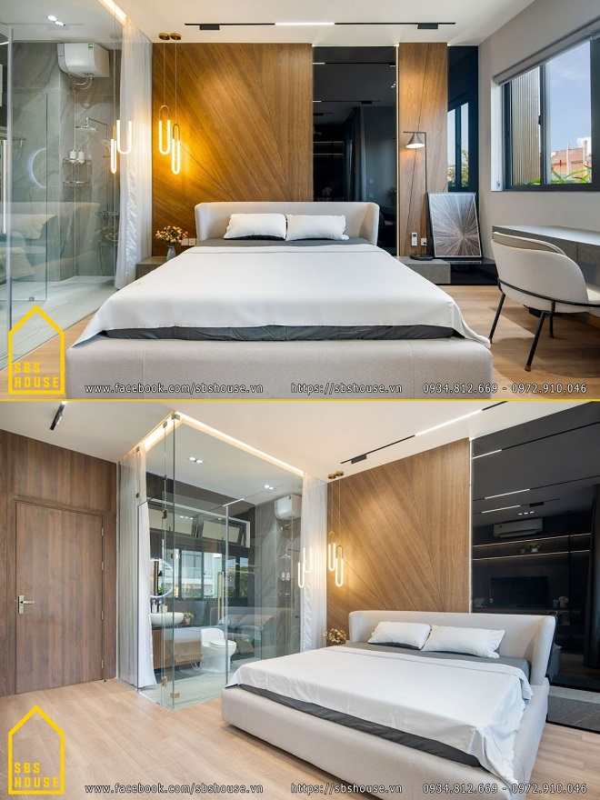 Phòng ngủ Master tầng 2 đậm nét hiện đại, sang trọng từ vật liệu và màu sắc.
