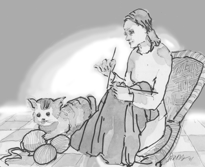 Bà lão, chú mèo già và cuộn len