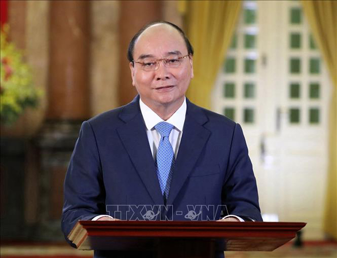 Chủ tịch nước Nguyễn Xuân Phúc phát biểu tại Hội nghị Thượng đỉnh Doanh nghiệp APEC 2021, sáng 11-11-2021, theo giờ Hà Nội. Ảnh: Thống Nhất/TTXVN