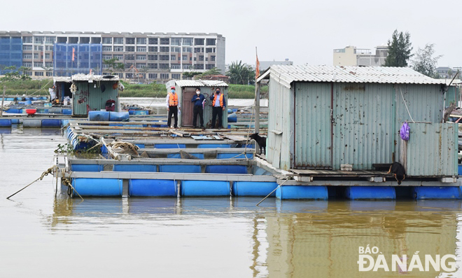 Functional bodies in Ngu Hanh Son District inspecting and making records of administrative violations for fishermen whose their fish cages have not been dismantled