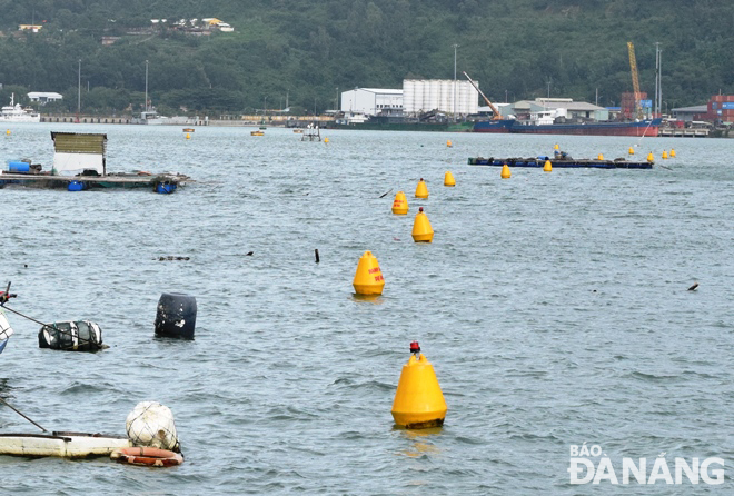 Signal buoys about the dismantlement of fish cages on water surface in the Man Quang Bay 