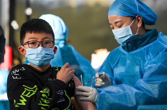 Nhân viên y tế tiêm vaccine phòng COVID-19 cho trẻ em tại Khu tự trị Nội Mông, Trung Quốc, ngày 23/11/2021. Ảnh: THX/ TTXVN