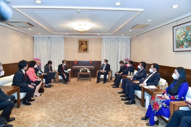 Ngày 23-11, đại diện các doanh nghiệp Sojitz, Vinamilk, Vilico đã tiếp kiến Thủ tướng Chính phủ Phạm Minh Chính trong buổi làm việc của Thủ tướng với các tập đoàn lớn của Nhật Bản. Ảnh: Công ty VNM cung cấp.