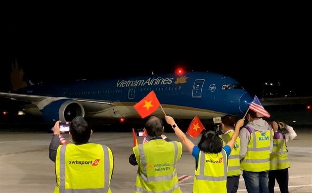 Vietnam Airlines' first commercial non-stop flight to the US arrived on Monday morning. — Screen grab from the landing video on San Francisco International Airport's Facebook page