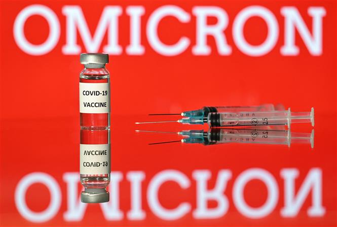 Hình ảnh bơm tiêm, vaccine và biến thể Covid-19 mới Omicron. Ảnh: AFP/TTXVN