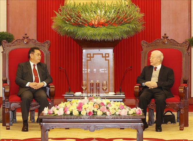 Tổng Bí thư Nguyễn Phú Trọng tiếp Chủ tịch Quốc hội Lào Xaysomphone Phomvihane thăm chính thức Việt Nam. Ảnh: Trí Dũng/TTXVN