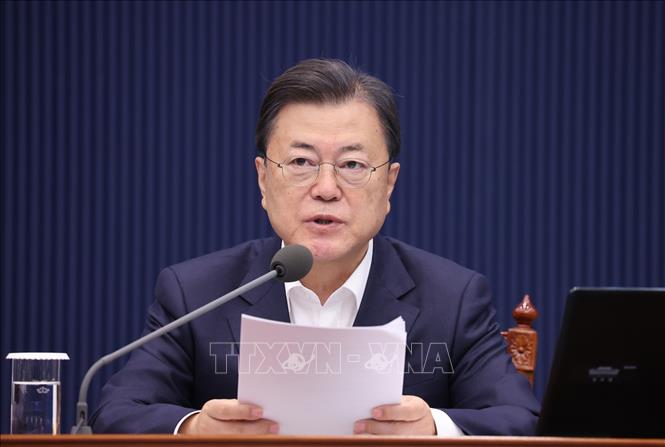 Tổng thống Hàn Quốc Moon Jae-in phát biểu tại cuộc họp ở Seoul, Hàn Quốc. Ảnh: Yonhap/TTXVN