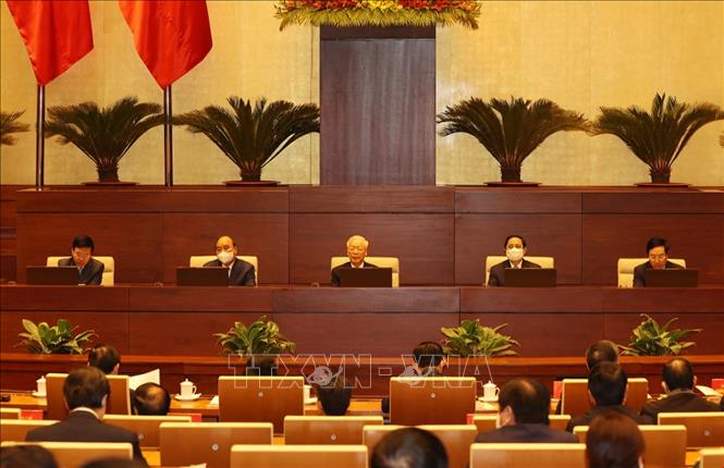 Tổng Bí thư Nguyễn Phú Trọng cùng các đồng chí lãnh đạo Đảng, Nhà nước chủ trì hội nghị. Ảnh: Trí Dũng/TTXVN