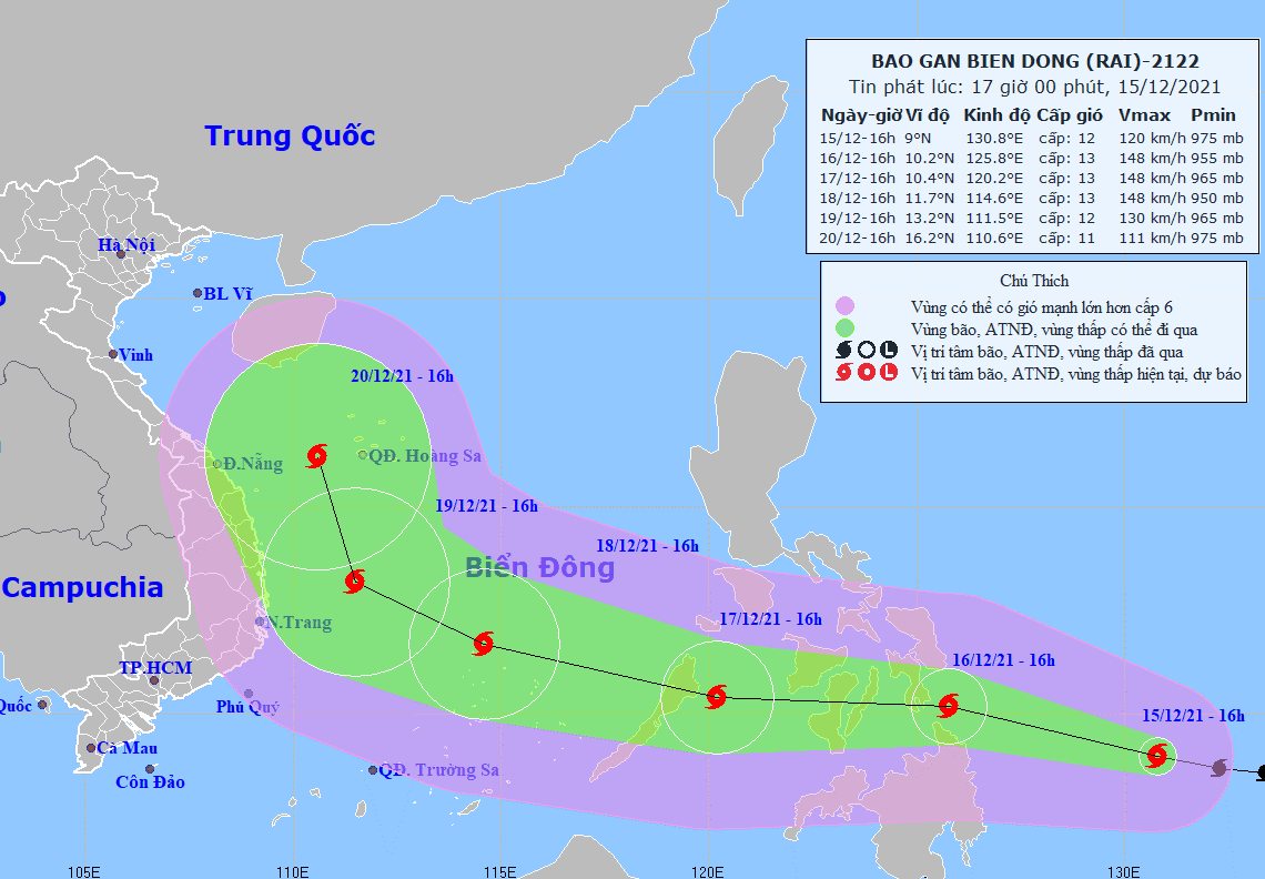 Here is the expected track of the tropical storm Rai.  Photo: The National Centre for Hydro-Meteorological Forecasting)