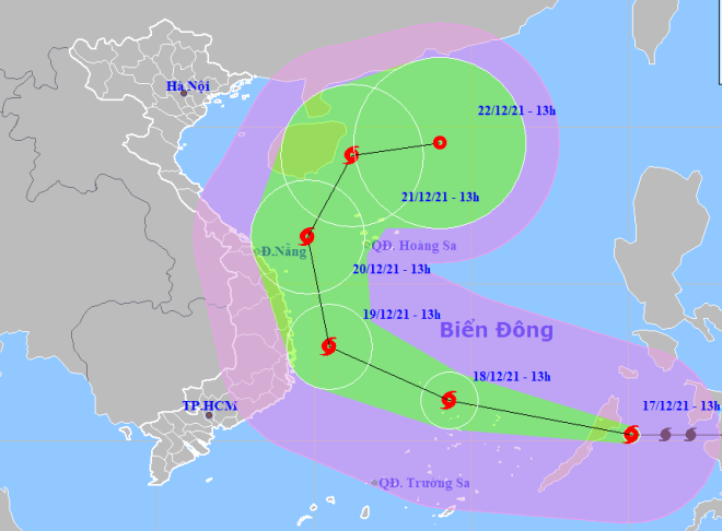 Họa đồ vị trí tâm bão và hướng di chuyển của bão Rai (Nguồn: Trung tâm dự báo khí tượng thủy văn quốc gia)