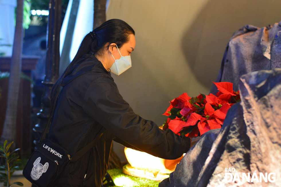 Ms. Ngo Thi Thuy Tien, parishioner of the Tam Toa Parish, standing next to the poinsettia flowers placed in front of the Christmas Cave of Belem. This type of flower is a symbol of eternity.