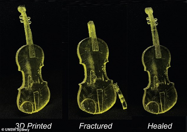 Đàn violin in 3D bổ sung phụ gia có thể tự vá lành khi đặt dưới ánh đèn LED UV. Ảnh: UNSW 