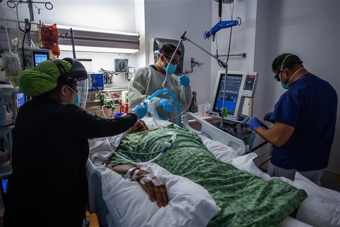 Nhân viên y tế điều trị cho bệnh nhân Covid-19 tại bệnh viện ở Tarzana, California, Mỹ. Ảnh: AFP/ TTXVN
