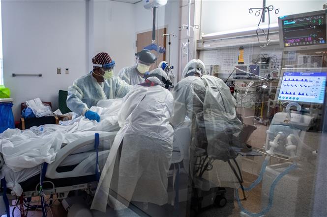  Nhân viên y tế điều trị cho bệnh nhân Covid-19 tại bệnh viện ở Tarzana, California, Mỹ. Ảnh: AFP/ TTXVN